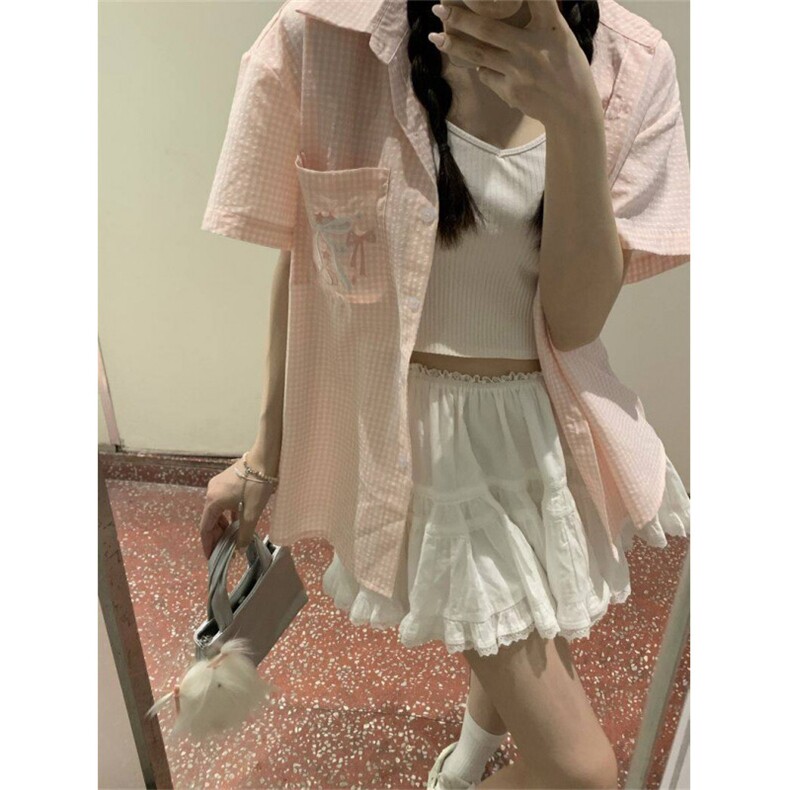 TC544-P45格子衬衫女可爱蝴蝶结刺绣短袖学院风polo领衬衣外套图片