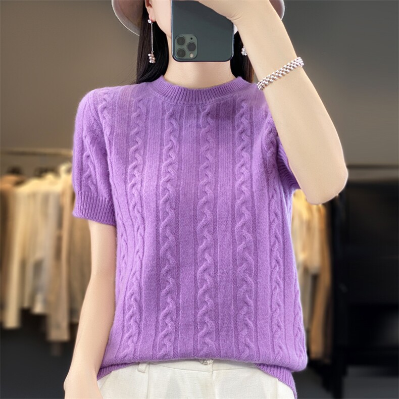 2023秋季新款圆领套头羊毛短袖女士纯色减龄气质百搭时尚毛衣，女装T恤，鹿一羊绒