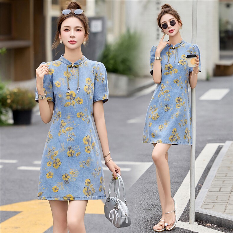 8903-878夏季新款韩版2025宽松休闲短袖翻领黄花牛仔连衣裙女，女装连衣裙，依多米