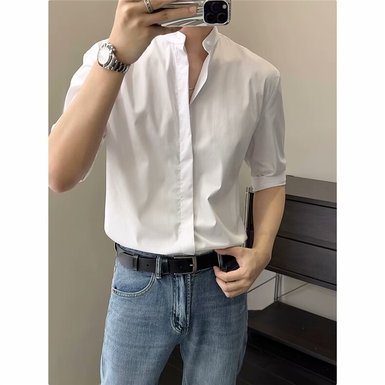 春夏新款立领纯色宽松半袖上衣夏季百搭衬衫-CS106-网络图图片