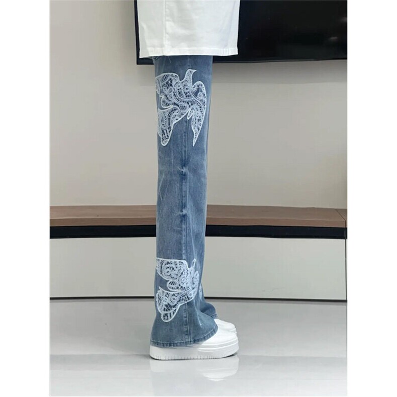 【有货】N6014LL-特P65 蕾丝和平鸽贴布刺绣牛仔裤男女款裤子图片