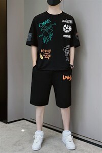 夏季短袖t恤男装潮流帅气宽松套装吸汗透气两件套F307P58图片