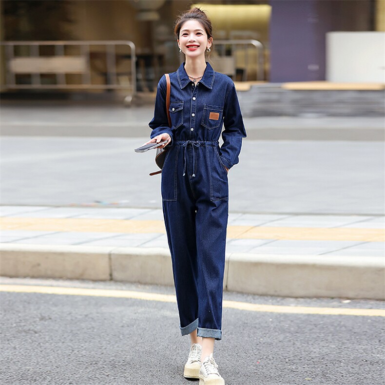 工装牛仔连体裤女2024年春秋季新款小个子时尚高腰显瘦连衣裤,女装连体裤,E百度