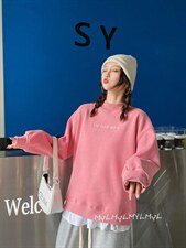 圆领刺绣字母加绒卫衣，女装卫衣/绒衫，美依菱