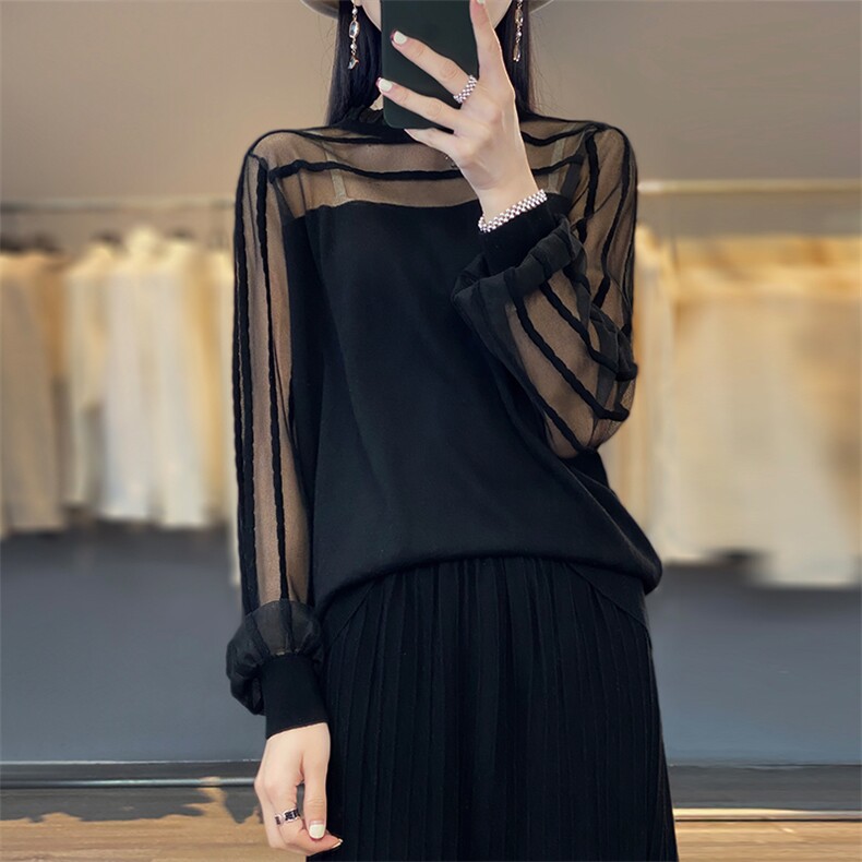 打底衫女士木耳边领羊毛上衣薄款拼接蕾丝小衫洋气春秋图片