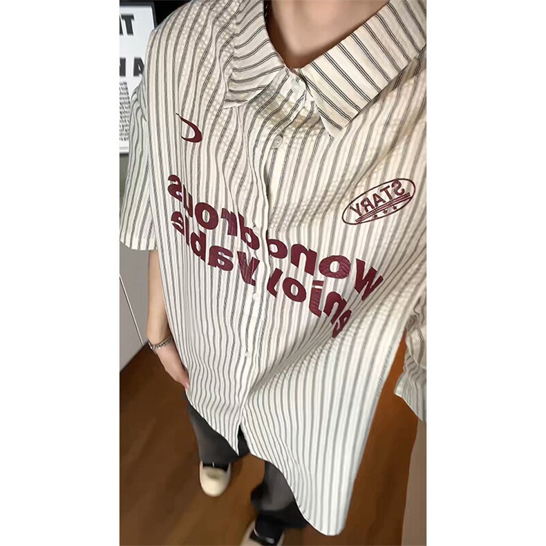 夏季新款短袖衬条纹衫拼色设计感休闲个性衬衣DC2236-特价P40图片