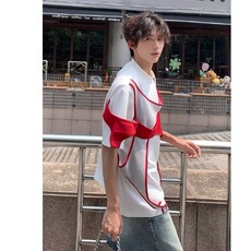 夏季小众解构双层拼接设计感短袖T恤男垫肩绑带撞色韩版宽松重磅，男装T恤，星座506A