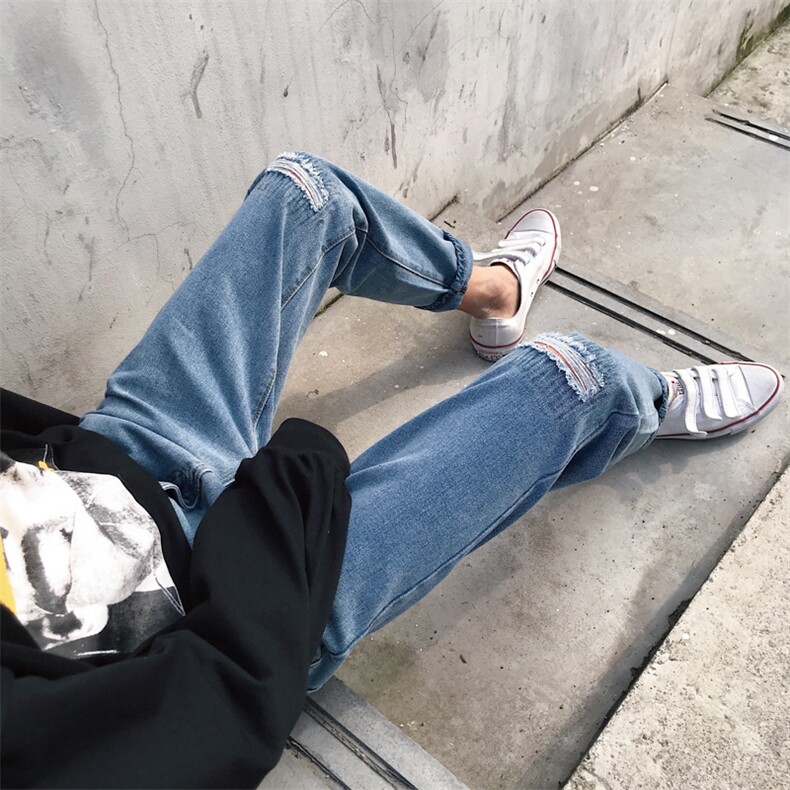 破洞补丁韩版牛仔裤男港风夏季直筒小脚休闲裤N/,男装牛仔裤,电商D202
