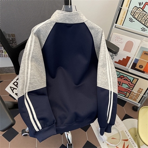 插肩袖运动开衫卫衣外套男秋新款美式撞色情侣织带夹克JK807-P55图片