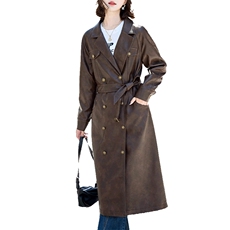 现货大女主媲美仿真皮韩版质感咖色皮风衣翻领中长款外套皮夹克，女装皮衣，潮流依族