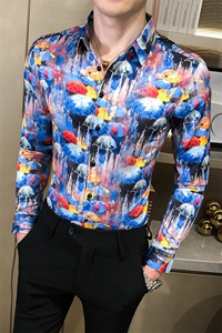 2021春秋男衬衫英伦长袖上衣印花男装韩版修身四季潮流衬衣H627-P55图片