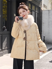 狐狸毛新中式提花2026年冬季新款气质收腰白鸭绒羽绒服保暖外套，女装羽绒服，奕薇雅