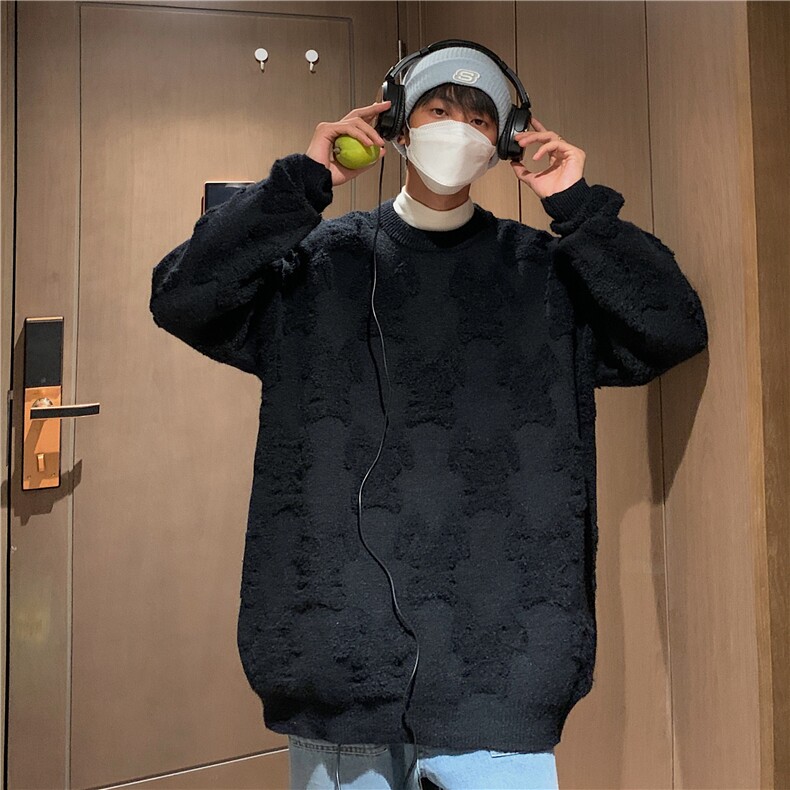 秋冬情侣款新款针织衫圆领毛衣男装港风宽松外套X5582-P90限118图片