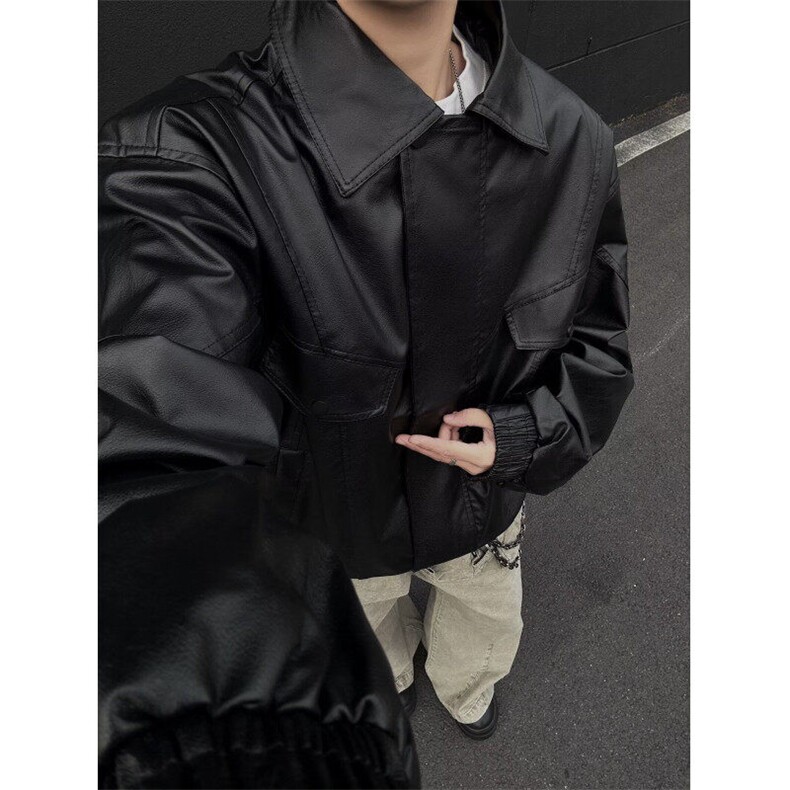 潮流宽松机车服皮衣男潮痞帅气高级感飞行员PU皮夹克外套PM053,男装夹克,星座1116A-1（原606A）