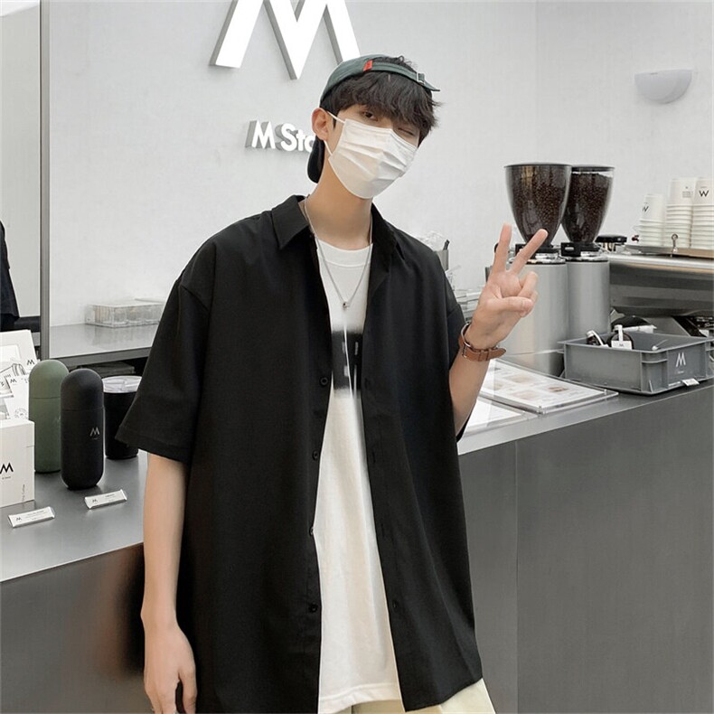 2025夏装黑色痞帅短袖燕尾衬衫男宽松冰丝衬衣C303P30,男装衬衫,电商C323