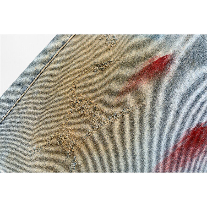 现货做旧牛仔裤彩色泼墨五分宽松松紧腰休闲牛仔裤,男装牛仔裤,电商A105