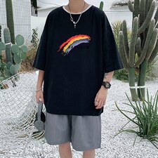 YT26064-P30亚麻短袖t恤男大码五分袖男宽松七分袖港风模特，男装T恤，电商A040