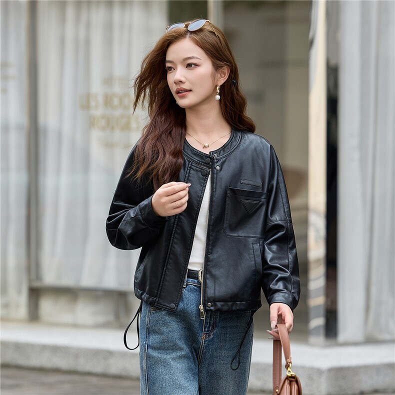 PU皮衣外套女2025秋新款小个子巨好看短款休闲机车棒球服夹克上衣,女装皮衣,简古