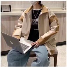 425-P52拼接撞色毛呢外套男oversize港风宽松百搭休闲韩版，女装短外套，电商B323A
