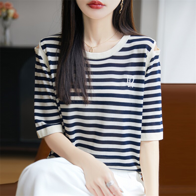 拼色圆领莱赛尔天丝针织五分袖T恤女条纹漏肩短袖T恤宽松半袖打底,针织衫/毛衣,九嘉羊绒