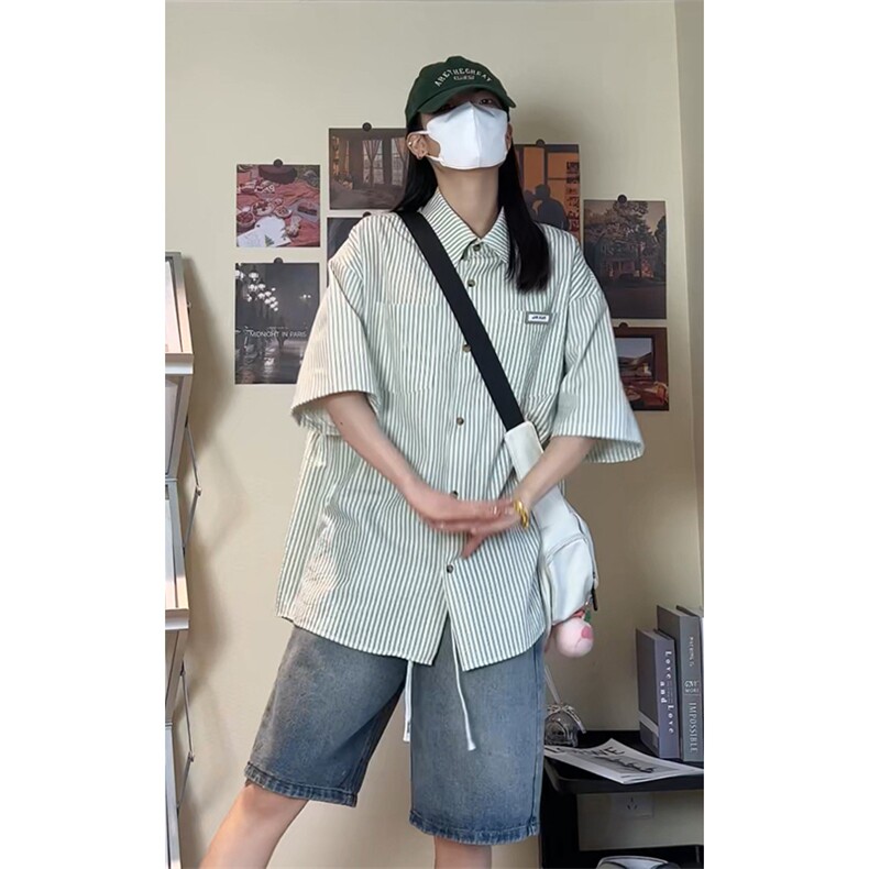 夏季潮流大码宽松百搭撞色贴标条纹短袖衬衫DC2218-P38【特价】,男装T恤,电商A007