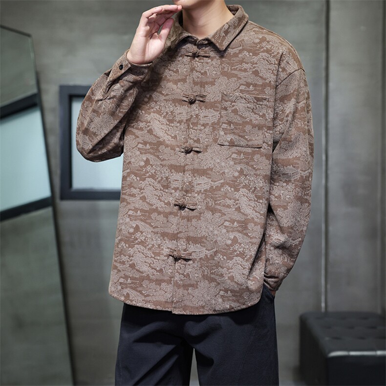 2025秋冬新款灯芯绒清明上河图风盘扣唐装汉服2535-P60,男装衬衫,电商A057B