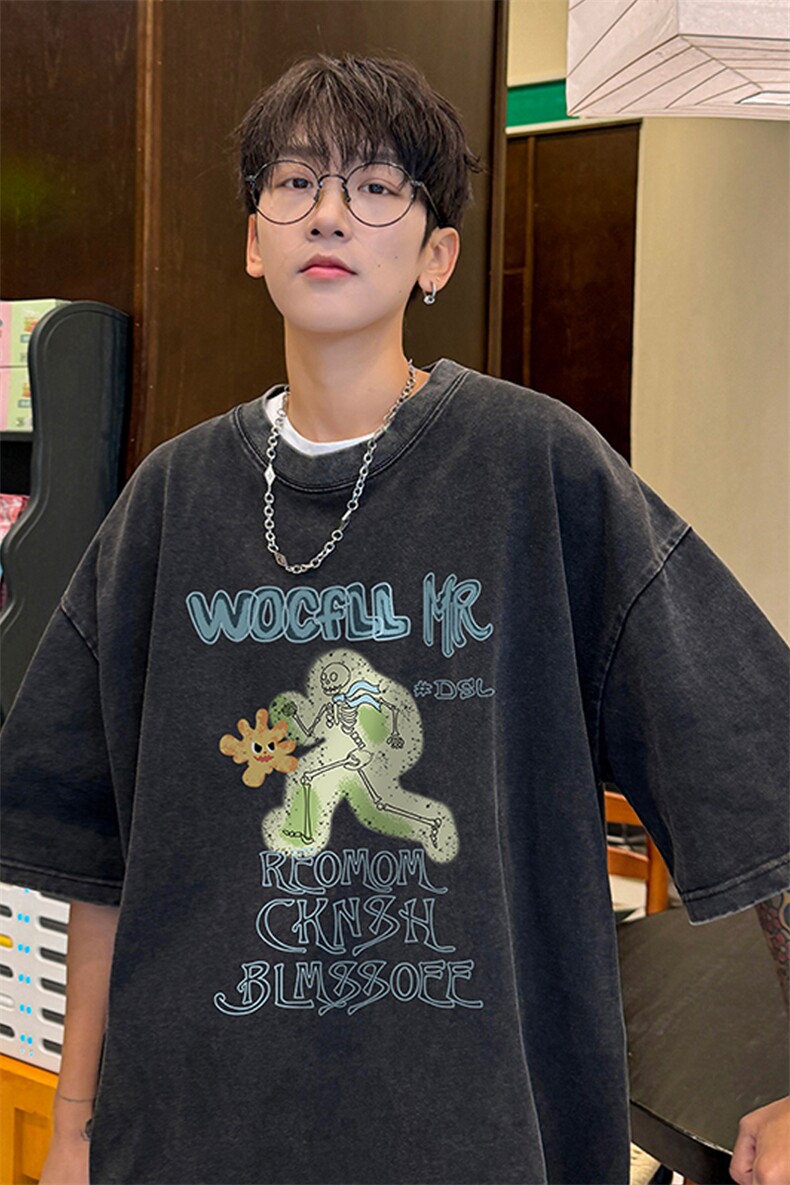 量大优！供视频240克重磅美式炒雪花水洗做旧短袖T恤,男装T恤,电商B367
