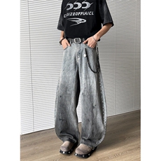美式小众复古渐变泼墨弯刀裤男潮牌宽松阔腿牛仔裤N0637-P55，男装牛仔裤，星座308B-1