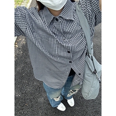 格子衬衫春夏美式短袖衬衫港风情侣装休闲衬衣CS286-P30，男装T恤，星座301C-5