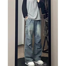 褶皱牛仔裤男美式高街复古做旧水洗休闲宽松垂感工装长裤，男装牛仔裤，星座506A