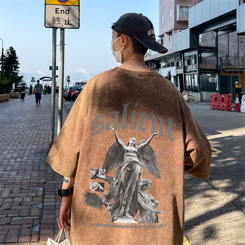 B239-1130-P38欧美式天使雕像印花复古水洗做旧落肩袖短袖T恤,男装T恤,星座514-2(原B239)