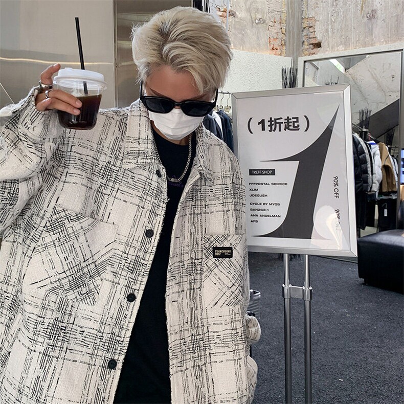 潮嘻哈小香风格子翻领外套男女秋季休闲百搭高级感粗纺夹克上衣图片