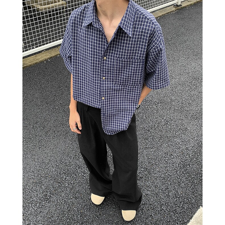 短袖男夏季薄款格子衬衫潮牌港风翻领休闲宽松上衣CS41-P40,男装T恤,星座308B-1