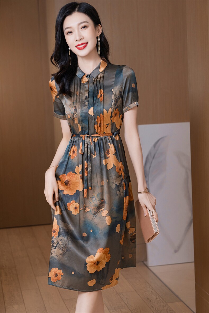 香云纱真丝连衣裙2023女夏季气质妈妈装高腰显瘦优雅高级感桑蚕丝,女装连衣裙,阿舍尔精品