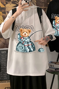 LD54251-P45 NASA连帽短袖t恤男大码胖子带帽五分袖中袖 海报风图片