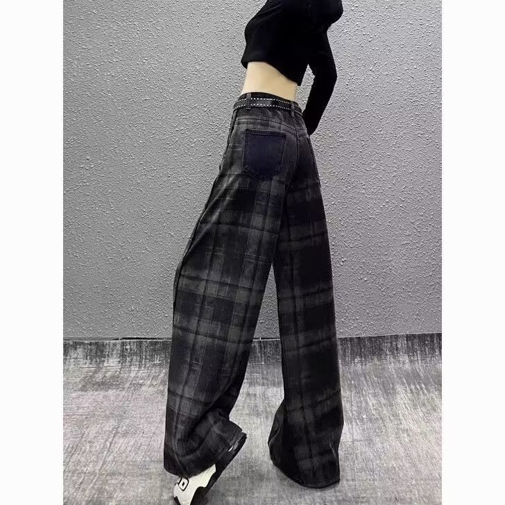 KU41-P60美式复古格纹撞色拼接牛仔裤女春季新款宽松垂感阔腿,男装牛仔裤,电商B323A