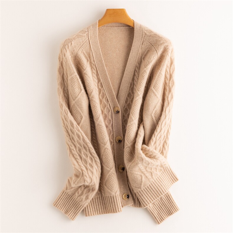 秋冬羊绒衫开衫女圆领菱形扭花外套毛衣宽松上衣，女装羊绒衫，品秋羊绒