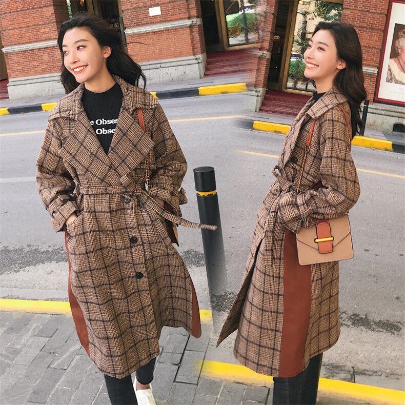西装领格子毛呢外套2020年冬季长袖口袋系带排扣时尚百搭简约，女装毛呢外套，诗贝淇