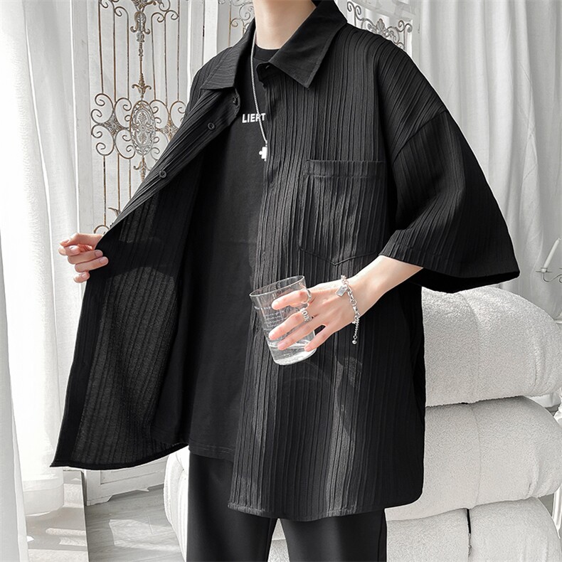 2023夏季凉感冰丝透气条纹短袖衬衣男大码潮流垂坠感衬衫C834-P30，男装衬衫，电商A001