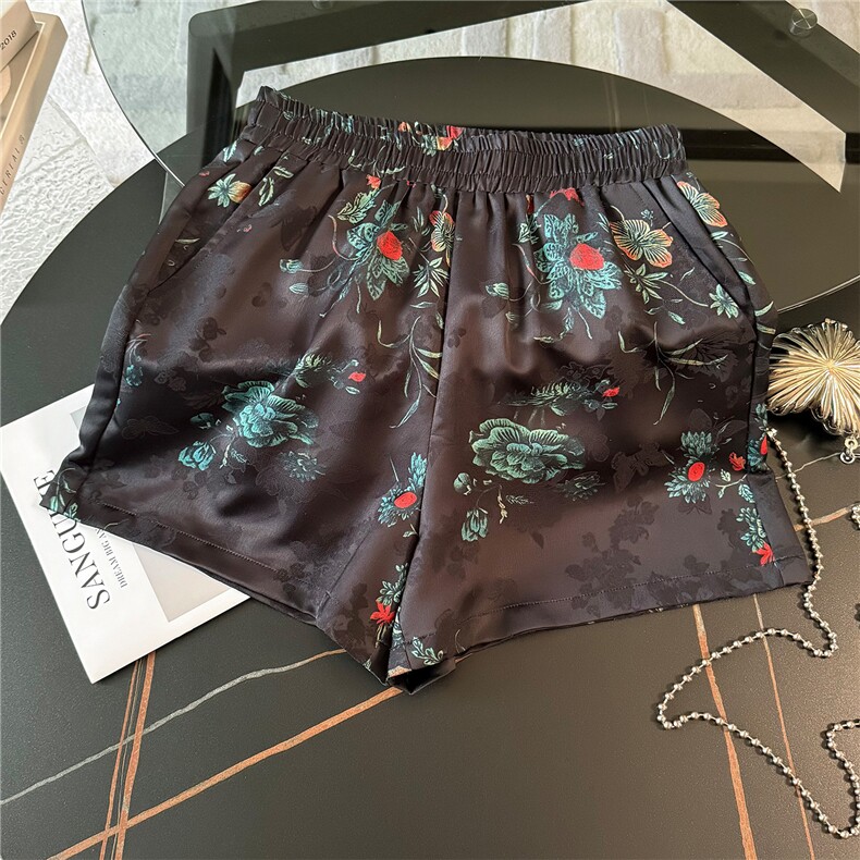 高级感新中式牡丹花旗袍套装女夏新款立领印花上衣阔腿短裤两件套,女装套装/套裙,2C310