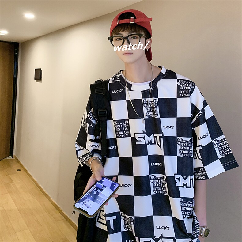 华夫格印花松休闲短袖T恤港风五分半截袖XFT221-P30控48,男装T恤,电商B370