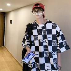 华夫格印花松休闲短袖T恤港风五分半截袖XFT221-P30控48，男装T恤，电商B370