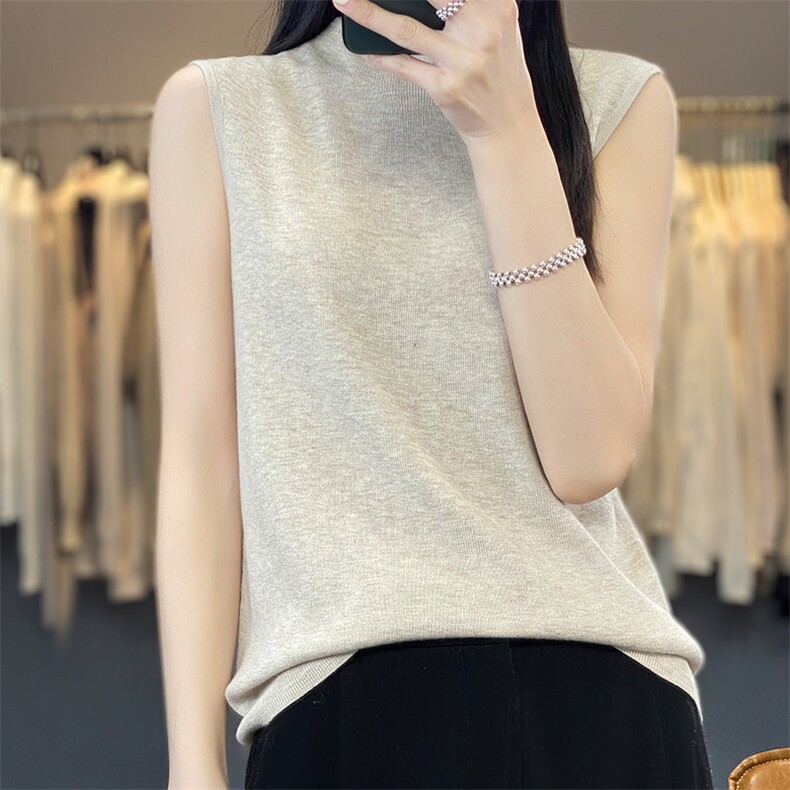 半高领精纺羊毛衫背心女修身针织内搭吊带打底衫羊绒无袖纯色上衣，女装背心吊带，越洋羊