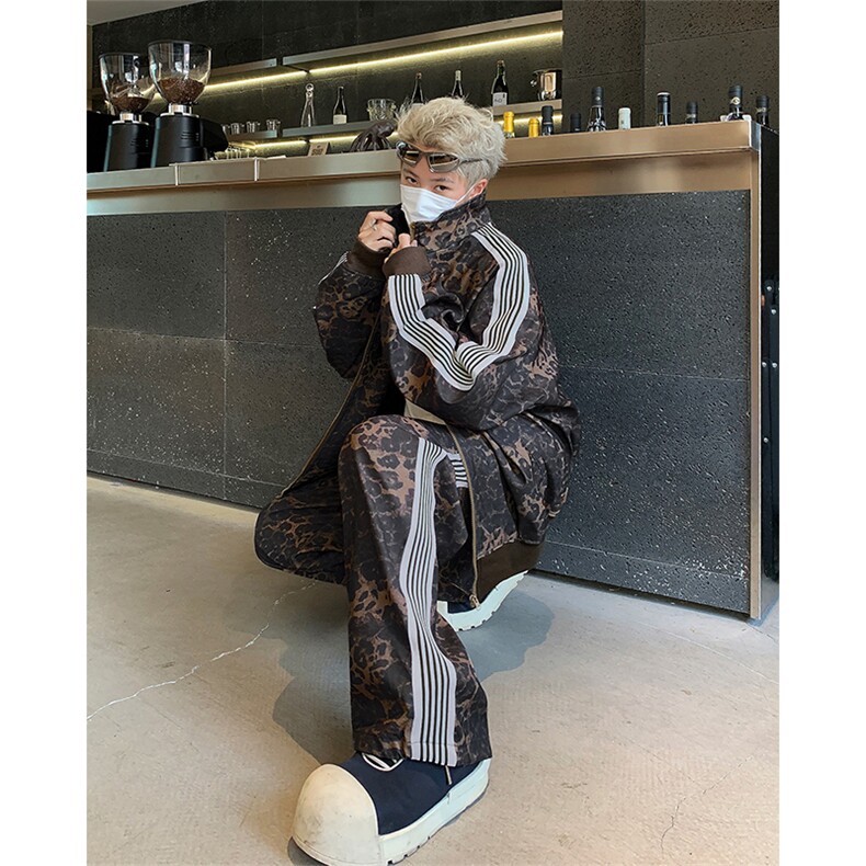 秋季复古豹纹印花条纹套装拉链运动夹克外套男TZ0075-P90一套不拆,男装休闲套装,星座308B-1