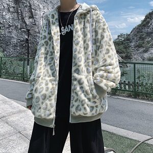 2020冬新款 连帽豹纹宽松大码兔毛皮草加厚加绒男外套mj365-p138图片