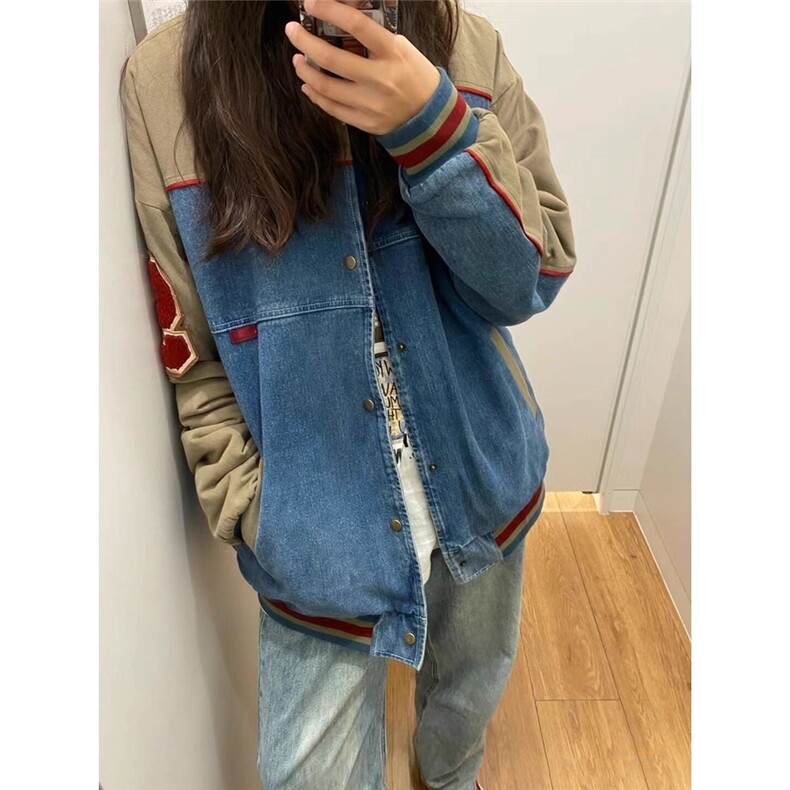 美式复古牛仔外套男女美秋冬新款拼接百搭情侣棒球服LJK8527-P73，男装工装外套，星座1008