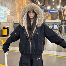 现货重磅boxy短款棉衣座山雕大毛毛领男女棉服水洗工装厚外套，男装棉衣，电商A486-1