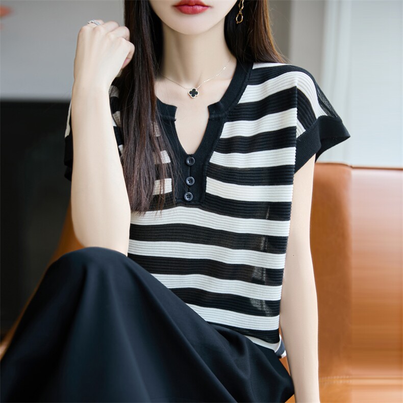 条纹冰丝V领针织短袖女2025新款夏季超好看小飞袖薄款针织衫上衣,针织衫/毛衣,源达羊绒
