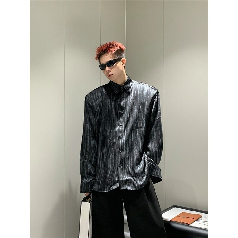 2025春潮牌设计感衬衫男士翻领条纹时尚简约痞帅宽松黑色衬衣外套,男装衬衫,星座506A
