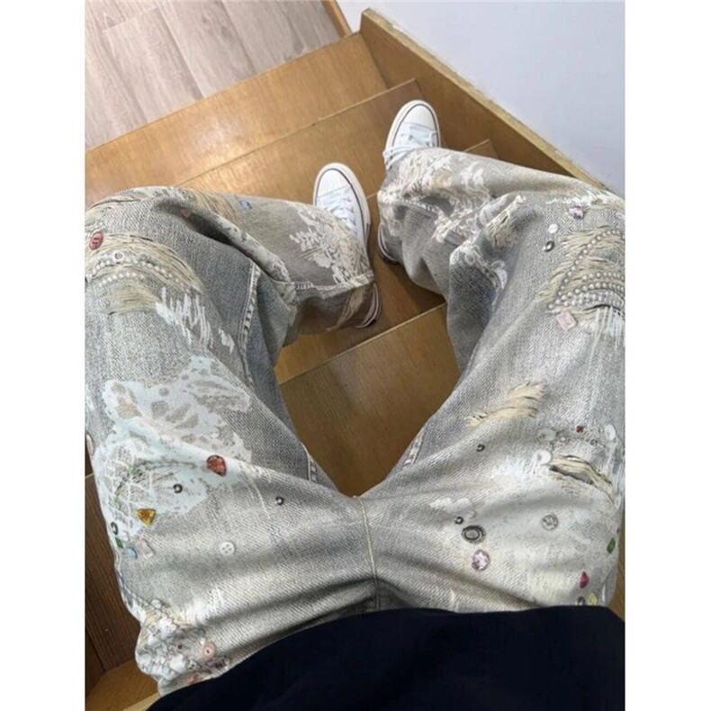 复古牛仔裤子女春夏小众阔腿拖地裤休闲时尚宽松印花AM197P55,男装牛仔裤,星座1013-1